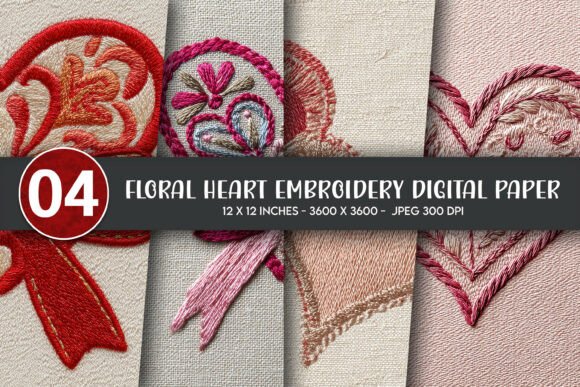 Download Floral Heart Embroidery Digital Paper - Paper Collection