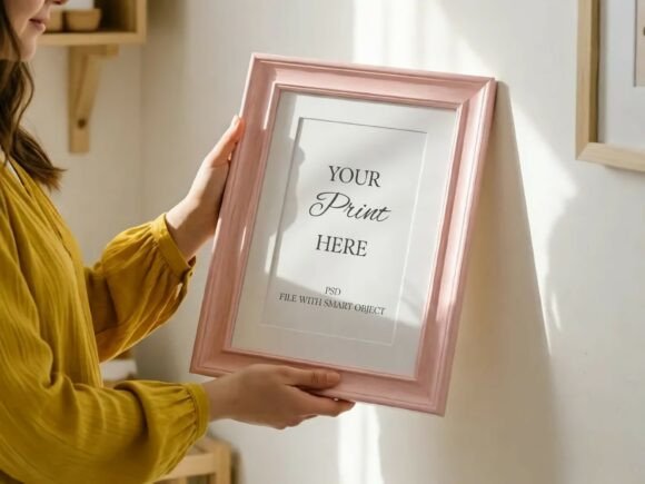 Download Vertical Pink Frame Mockup Held by Hand - Hand Collection