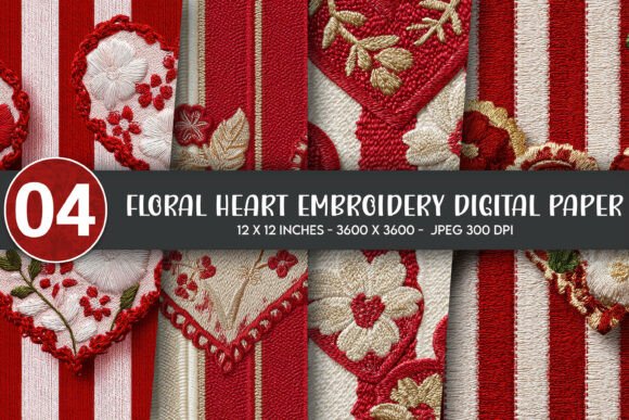 Download Floral Heart Embroidery Digital Paper - Paper Collection