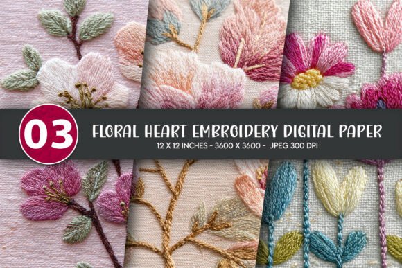 Download Floral Heart Embroidery Digital Paper - Paper Collection