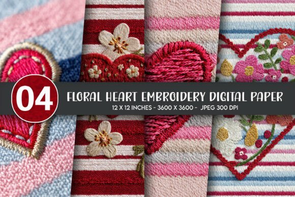 Download Floral Heart Embroidery Digital Paper - Paper Collection